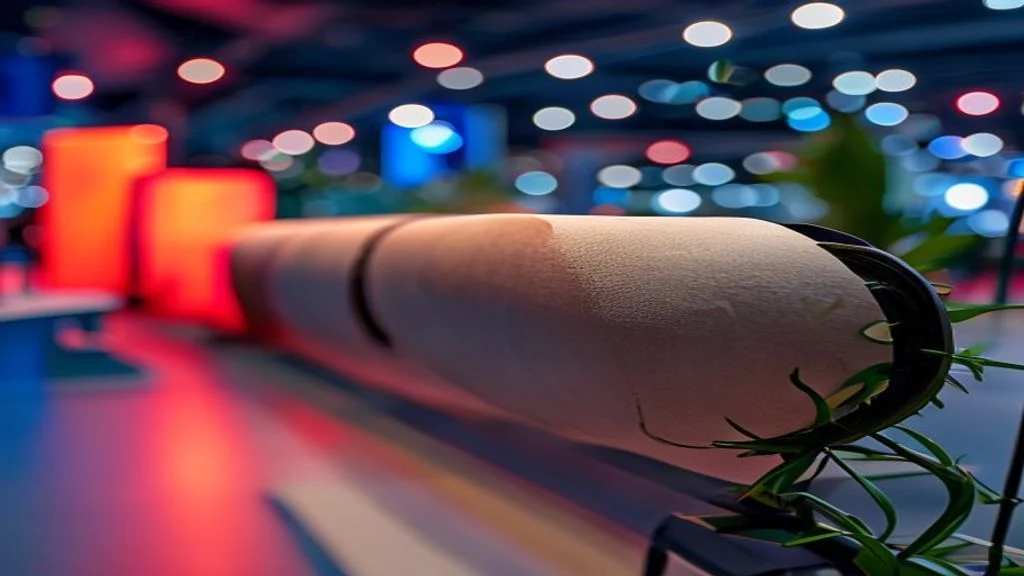 Pessoas interagindo com um roll up banner em uma feira