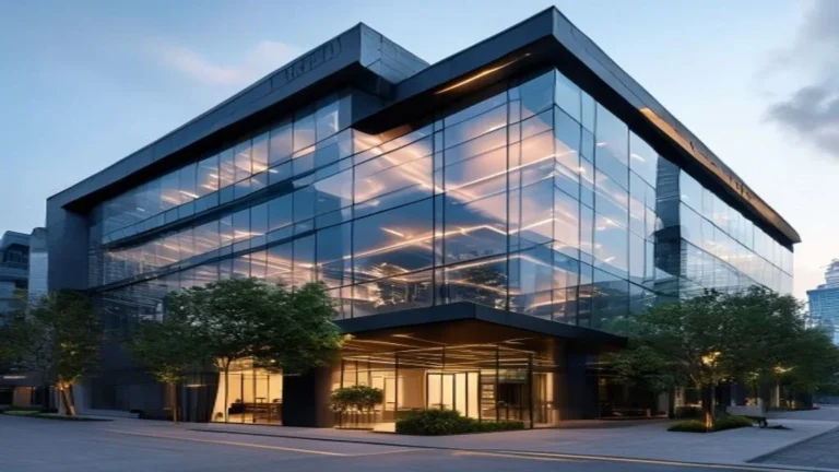 Fachada moderna e elegante de um edifício comercial ao pôr do sol