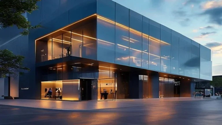 Fachada moderna de empresa com letreiro iluminado, destacando a identidade visual